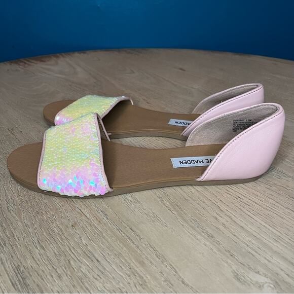 Steve Madden Sidestep Mermaid Sequin Sandal Flat Open Toe Shoe Pink Size 8.5 - Picture 8 of 9